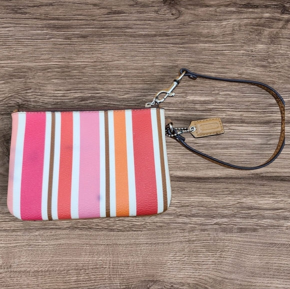 Coach Striped Wristlet In Bright Pink, Orange, and Red